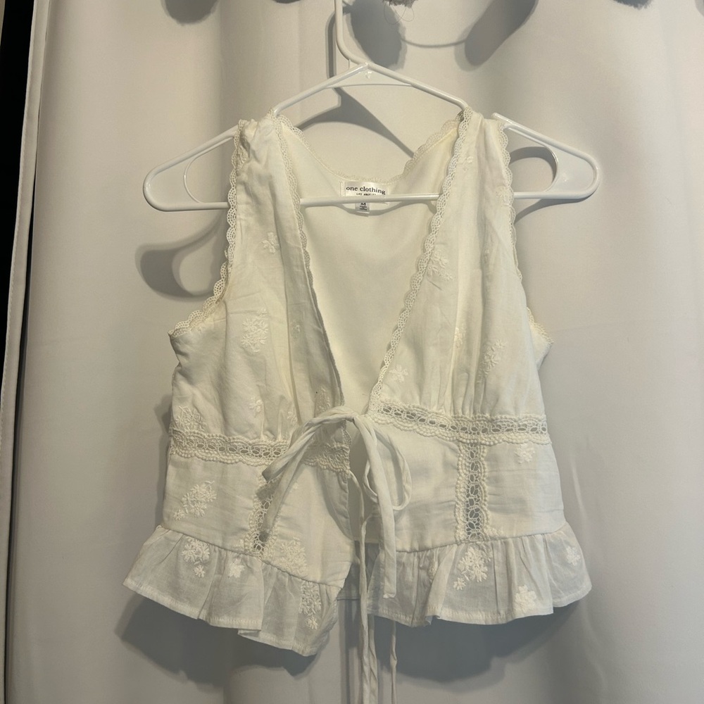 One Clothing White Lace Trim tie Top